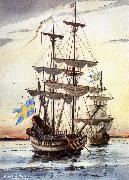 unknow artist, kalmare nyckel och fagel grip pa alusborgsfjorden fore avfarden till nya sverige i borjan av november 1637